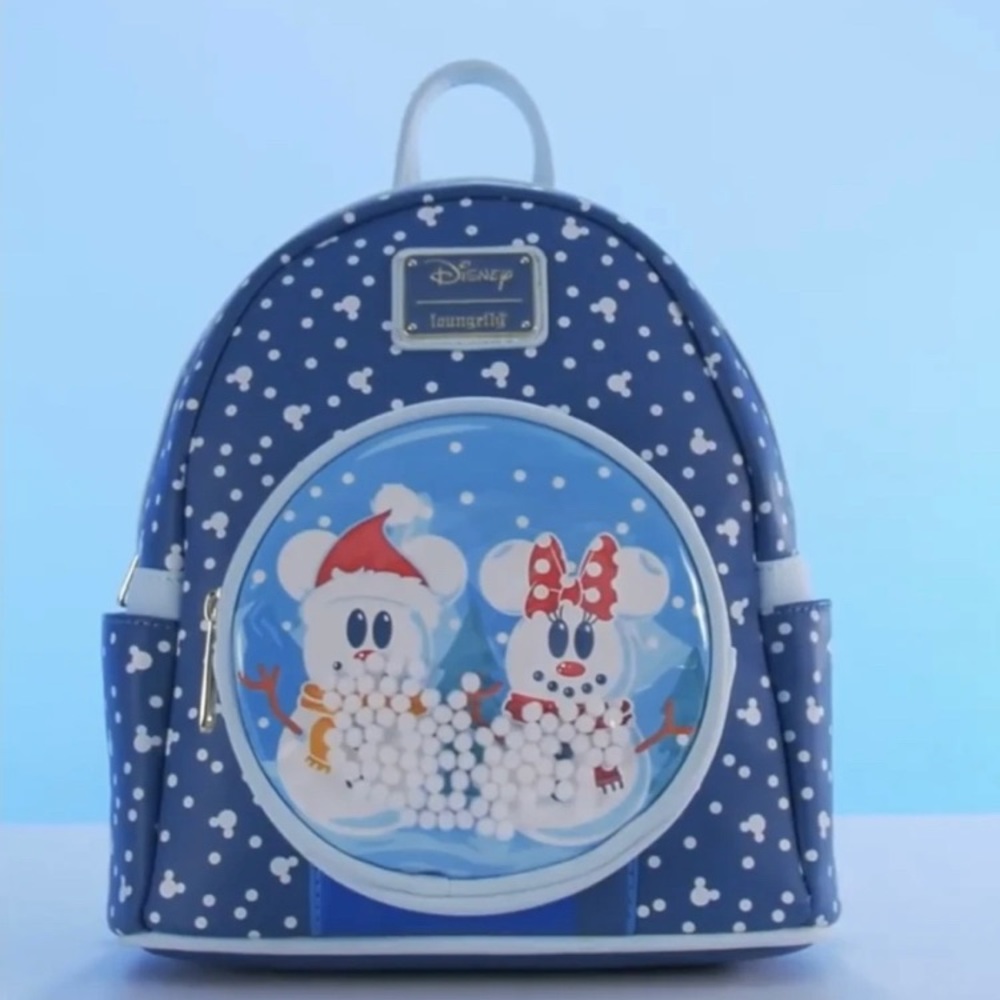 NWT Loungefly Disney Mickey and Minnie snow globe snowman bag